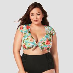Women's Slimming Control Tie Front Bikini Top - Beach Betty by Miracle Brands Blue Floral