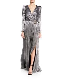 Plus Size Pleated Metallic Wrap Gown