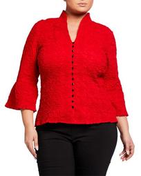 Plus Size Puckered 3/4-Sleeve Blouse