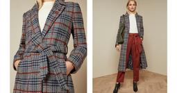 Long checked belted coat