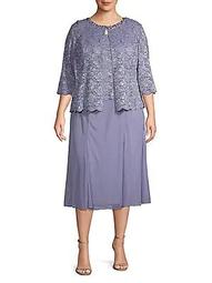 Plus 2-Piece Lace Tea-Length Dress & Jacket Set