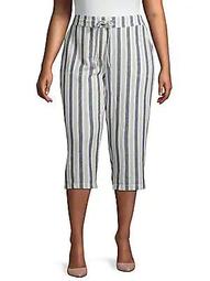 Plus Striped Linen Blend Drawstring Pants
