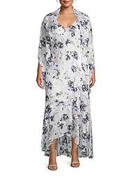 Plus Floral Cape-Sleeve Maxi Dress & Shawl