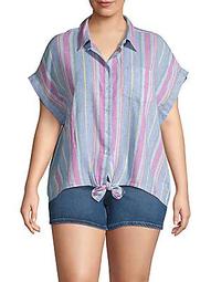 Plus Striped Linen & Cotton Blend Button-Down Shirt