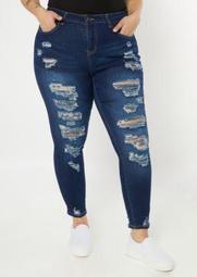 Plus Dark Wash Ripped High Waisted Jeggings