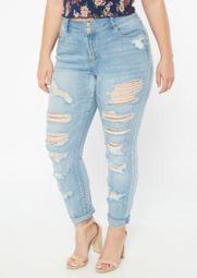 Plus Light Wash Mid Rise Destroyed Cuffed Jeggings
