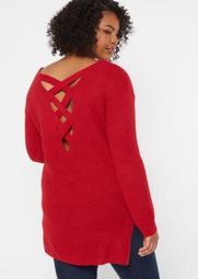 Plus Red Long Lattice Back Sweater Tunic