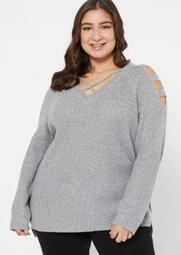 Plus Gray Marled Waffle Knit Caged Sweater