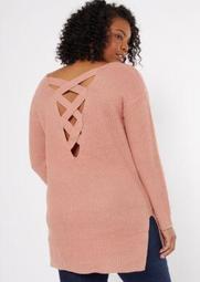 Plus Pink Long Lattice Back Sweater Tunic