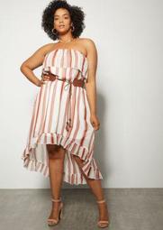 Plus White Striped Belted High Low Strapless Dress