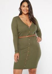 Plus Olive Ribbed Knit Button Front Belted Dress