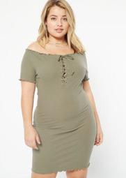 Plus Olive Ribbed Knit Lace Up Bodycon Dress