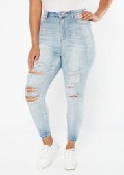 Plus Ultimate Stretch Light Wash Ripped Curvy Ankle Jeans