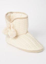 Ivory Cable Knit Pom Bootie Slippers