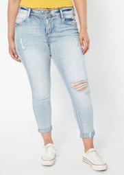 Plus Recycled Light Wash Distressed Roll Cuff Jeggings