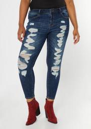 Plus Ultimate Stretch Dark Wash Ripped Ankle Jeggings