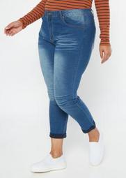 Plus Dark Wash High Waisted Rolled Cuff Booty Jeggings