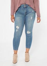 Plus Medium Wash High Waisted Ripped Booty Jeans
