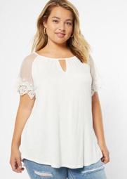 Plus Ivory Mesh Lace Sleeve Top