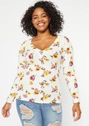 Plus Ivory Floral Print Button Front V Neck Tee