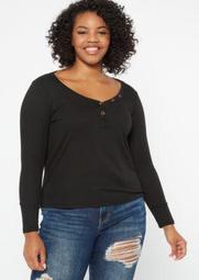 Plus Black Ribbed Knit Button Down Favorite Tee