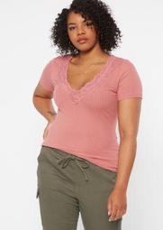 Plus Pink Lace V Neck Ribbed Knit Tee