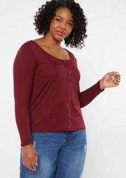 Plus Burgundy Buttoned Scoop Neck Ribbed Top