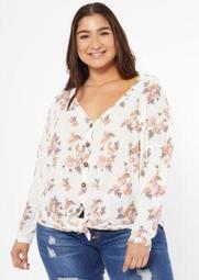 Plus Ivory Floral Print Tie Front Waffle Knit Top