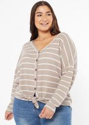 Plus Taupe Striped Button Down Waffle Knit Top
