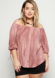 Plus Pink Washed Off The Shoulder Tie Sleeve Top