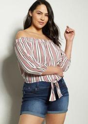 Plus White Striped Off The Shoulder Tie Front Blouse