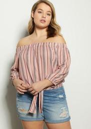 Plus Pink Striped Off The Shoulder Tie Front Blouse