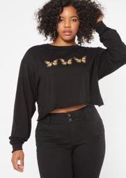 Plus Black Butterfly Long Sleeve Graphic Tee