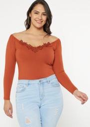 Plus Orange Super Soft Crochet V Neck Bodysuit