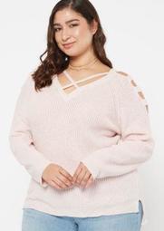 Plus Pink Marled Waffle Knit Caged Sweater