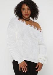 Plus White Distressed Slouchy Sweater