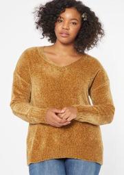 Plus Dark Gold V Neck Chenille Sweater
