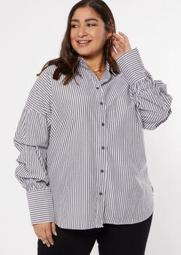 Plus Black Striped Ruched Sleeve Button Down Shirt