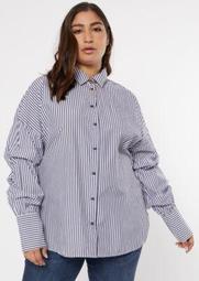 Plus Blue Striped Ruched Sleeve Button Down Shirt