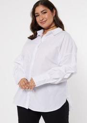 Plus White Ruched Sleeve Button Down Shirt