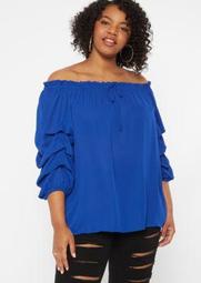 Plus Royal Blue Off The Shoulder Ruched Sleeve Top