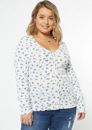 Plus Ivory Floral Print Fitted Pointelle Top