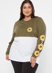 Plus Olive Colorblock Sunflower Checkerboard Graphic Tee