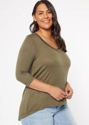 Plus Olive V Neck High Low Tunic