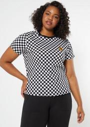 Plus Checkered Print Sunflower Embroidered Tee