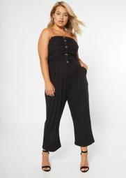 Plus Black Buttoned Taupe Top Cropped Jumpsuit
