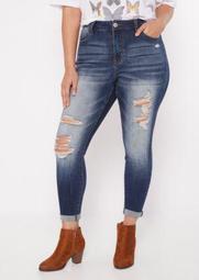 Plus Dark Wash High Rise Torn Rolled Ankle Jeggings