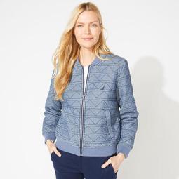 LONG SLEEVE QUILTED RIBBED CHAMBRAY BOMBER JACKET