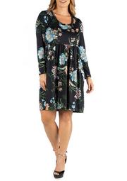 Plus Size Floral Knee Length Pleated Long Sleeve Dress
