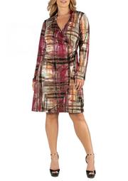 Plus Size Plaid Print Knee Length Long Sleeve Wrap Dress